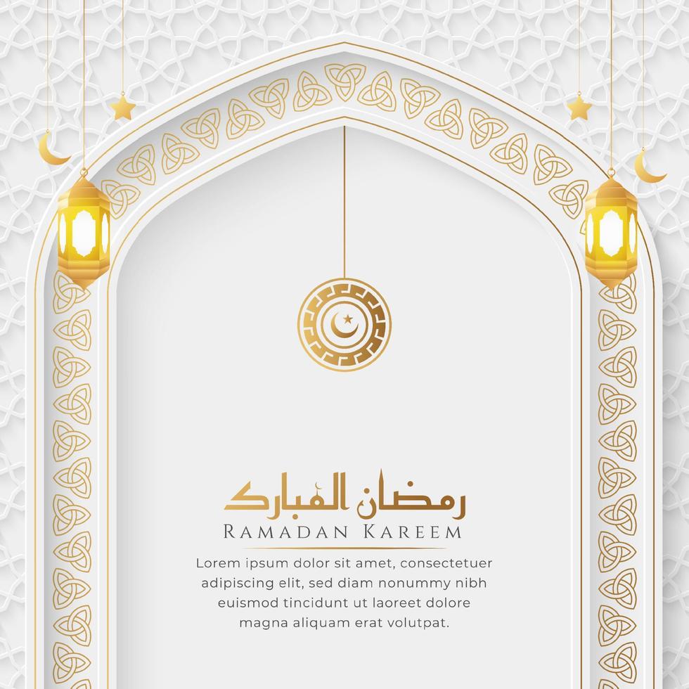 Ramadan Kareem Arabic Islamic White and Golden Luxury Ornamental Background with Islamic Pattern and Decorative Ornament Frame vector