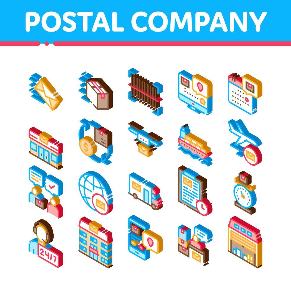 conjunto de iconos isométricos de la empresa de transporte postal vector