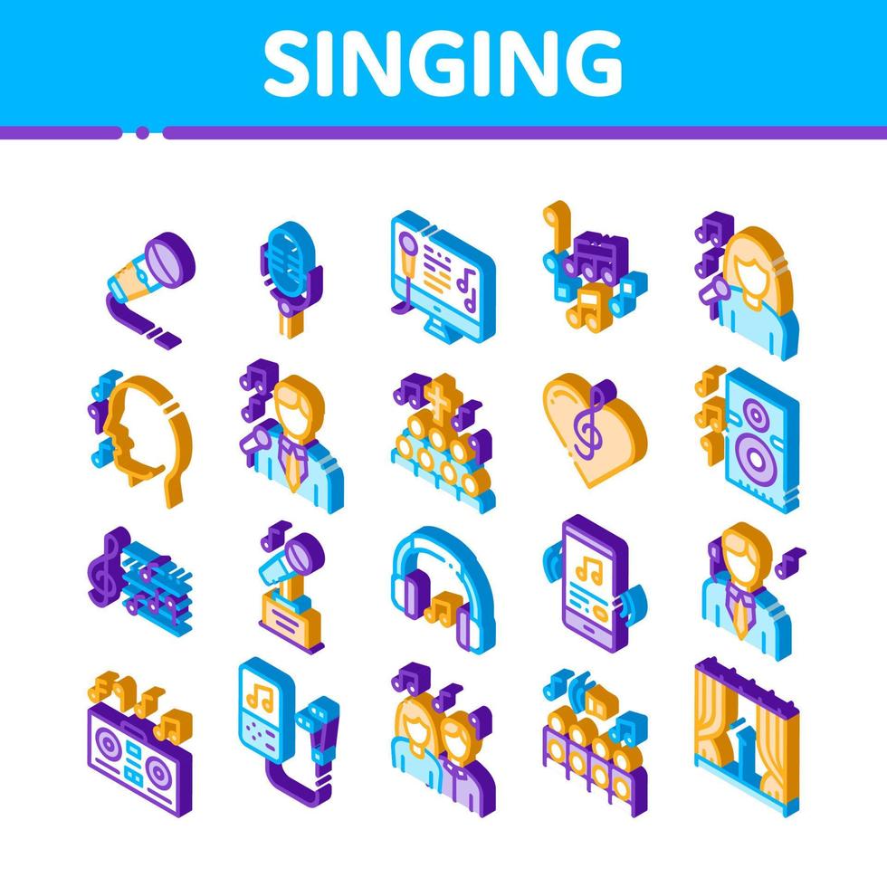 Singing Song Isometric Icons Set Vector