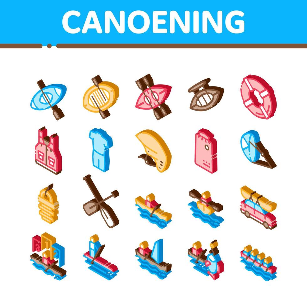 Canoeing Isometric Elements Icons Set Vector