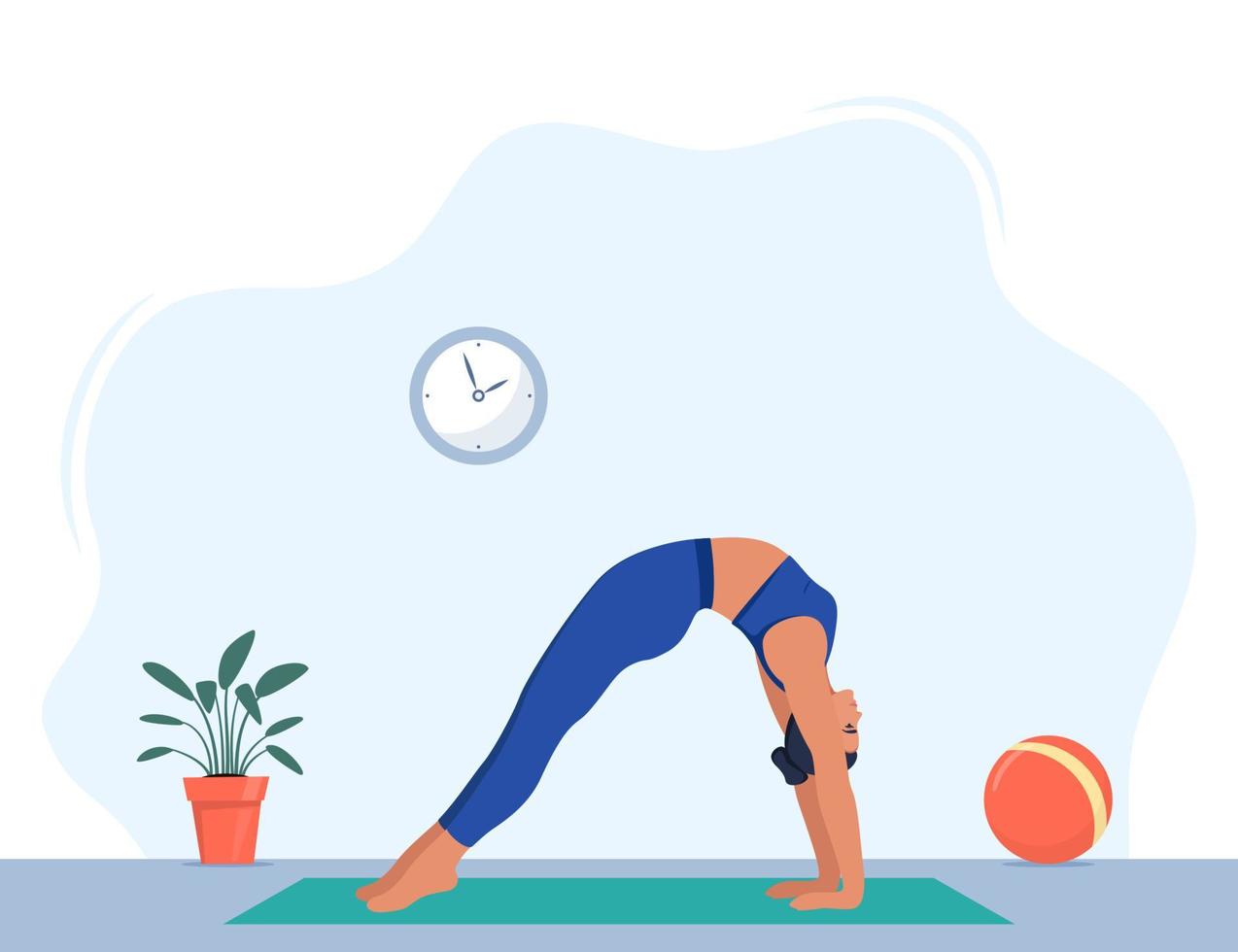 Female character doing yoga exercises at home. Wellness, healthcare and lifestyle concept. Vector illustration.