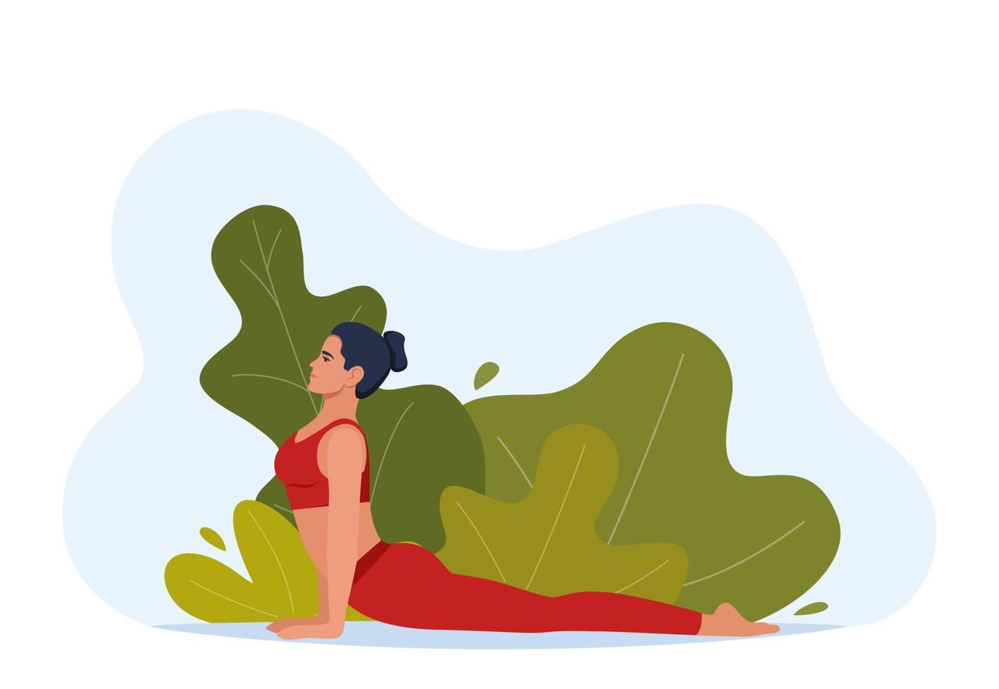 Female character doing yoga exercises on fresh air. Outdoor yoga. Wellness, healthcare and lifestyle concept. Vector illustration.