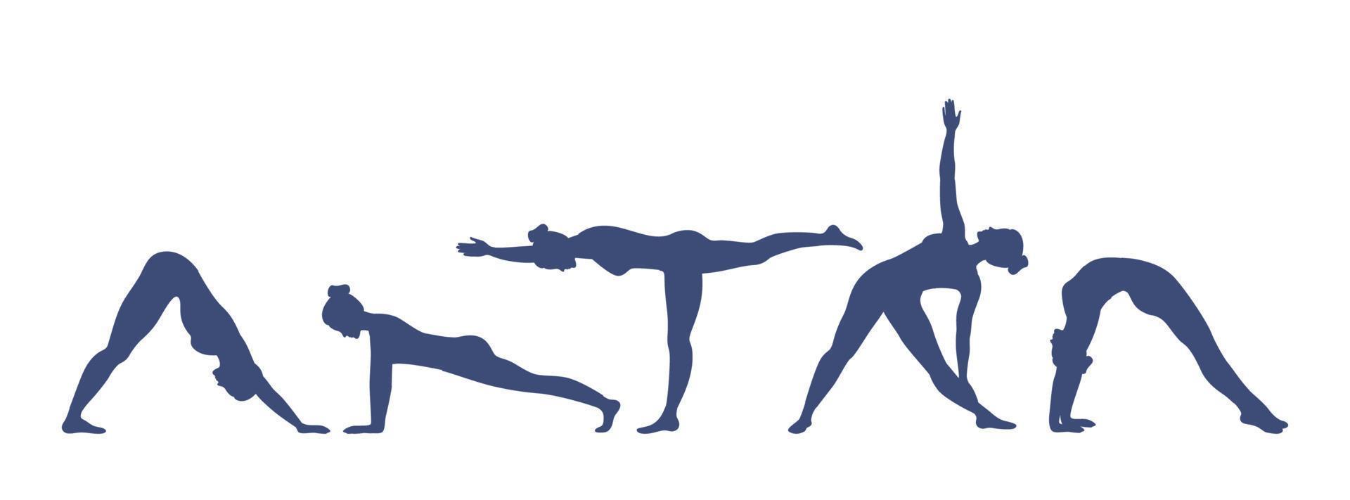 conjunto de posturas de yoga. las mujeres jóvenes hacen ejercicios de yoga. estilo de vida saludable con asanas de yoga. ilustración vectorial vector