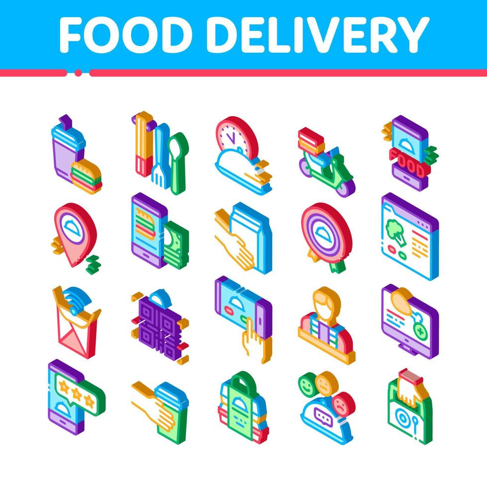 Food Delivery Service Isometric Icons Set Vector