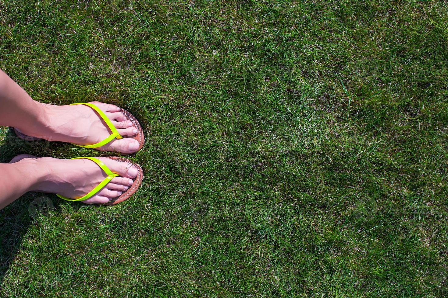 Closeup of woman's legs in slippers on green grass photo