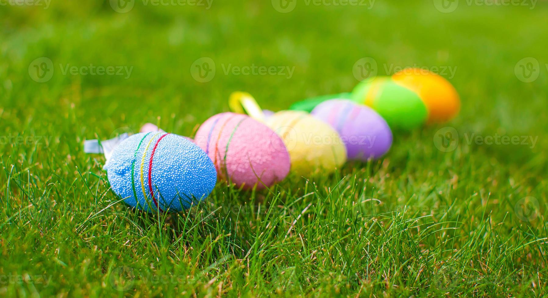 Multi-colored Easter eggs on green grass photo