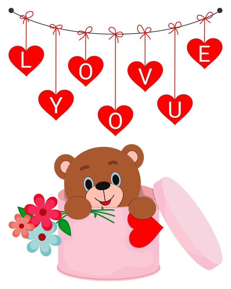Vector illustration. Valentine's day card with teddy bear. Love you