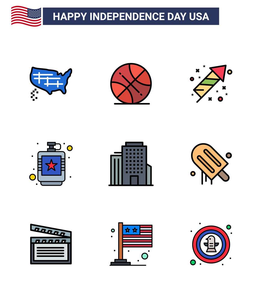 Flat Filled Line Pack of 9 USA Independence Day Symbols of building hip celebration flask alcoholic Editable USA Day Vector Design Elements