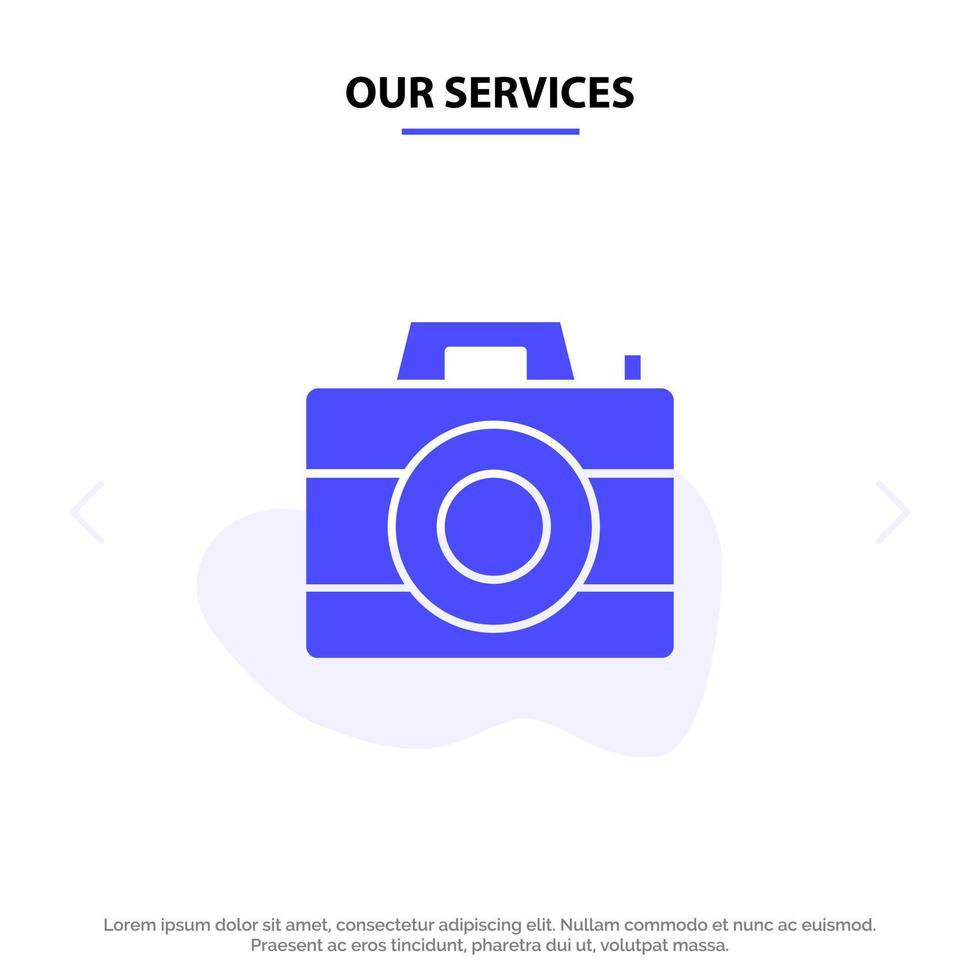 Our Services Camera Computer Digital Technology Solid Glyph Icon Web card Template vector