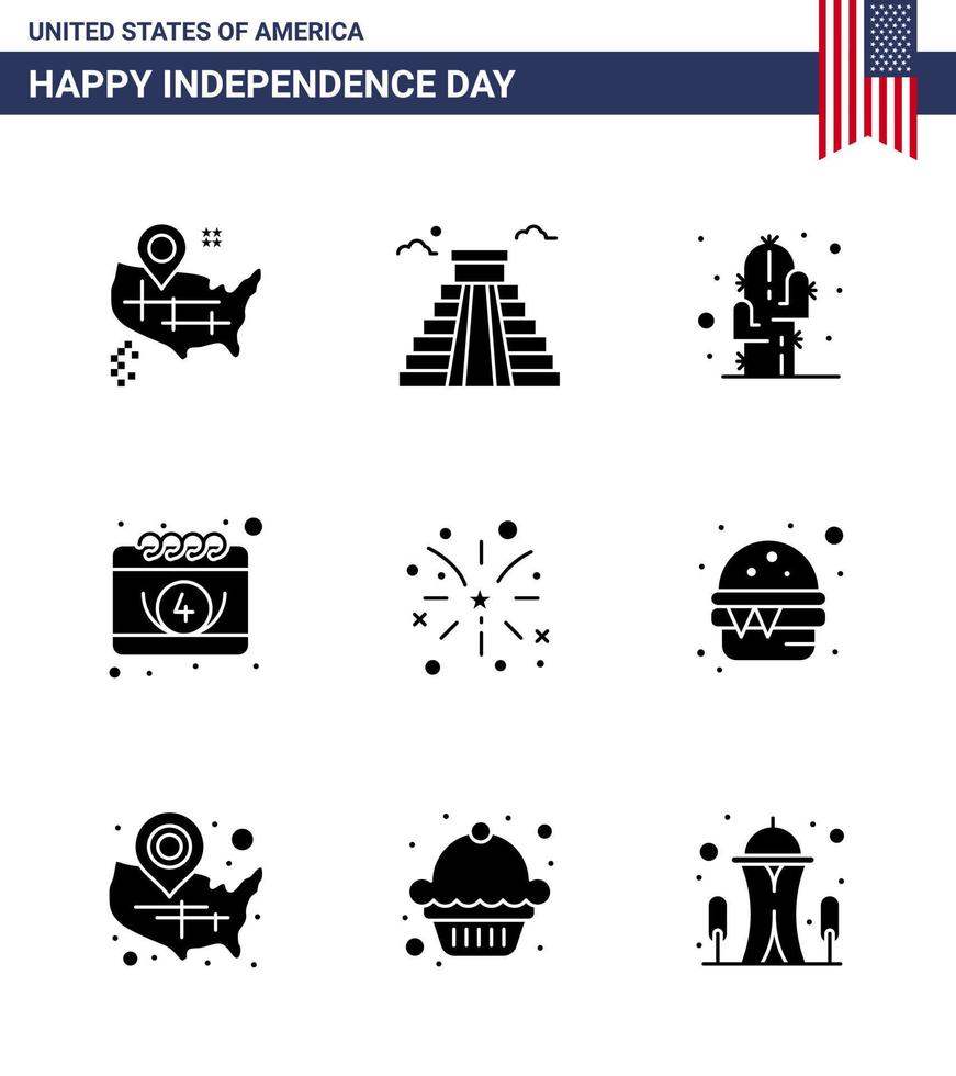 Happy Independence Day USA Pack of 9 Creative Solid Glyphs of american firework flower day calendar Editable USA Day Vector Design Elements