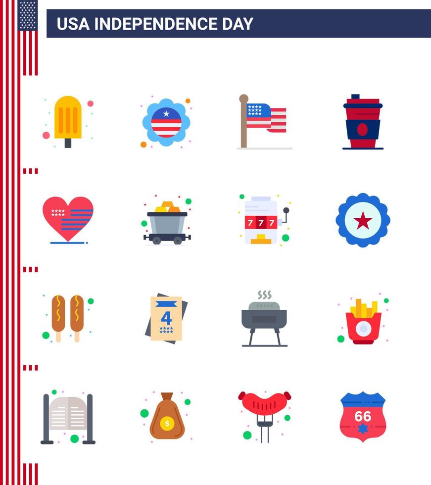 4th July USA Happy Independence Day Icon Symbols Group of 16 Modern Flats of american heart flag usa drink Editable USA Day Vector Design Elements