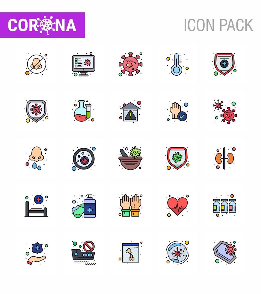 Corona virus 2019 and 2020 epidemic 25 Flat Color Filled Line icon pack such as thermometer medicine record healthcare life viral coronavirus 2019nov disease Vector Design Elements