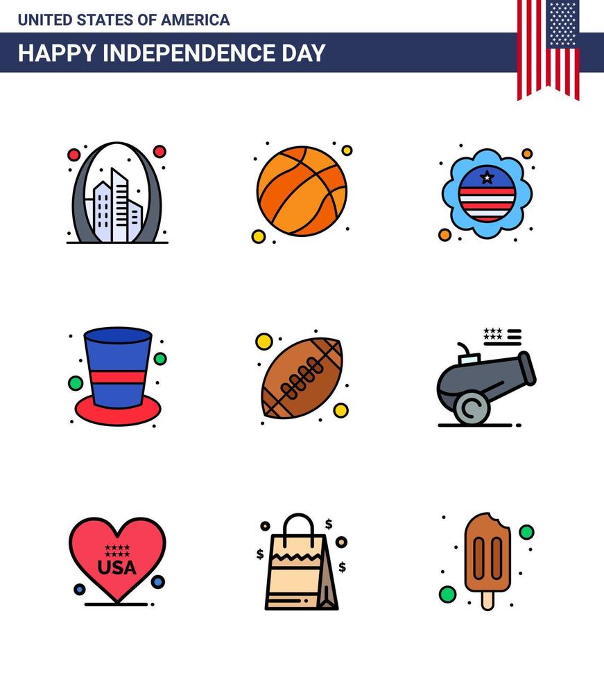Set of 9 Vector Flat Filled Lines on 4th July USA Independence Day such as ball hat usa cap badge Editable USA Day Vector Design Elements