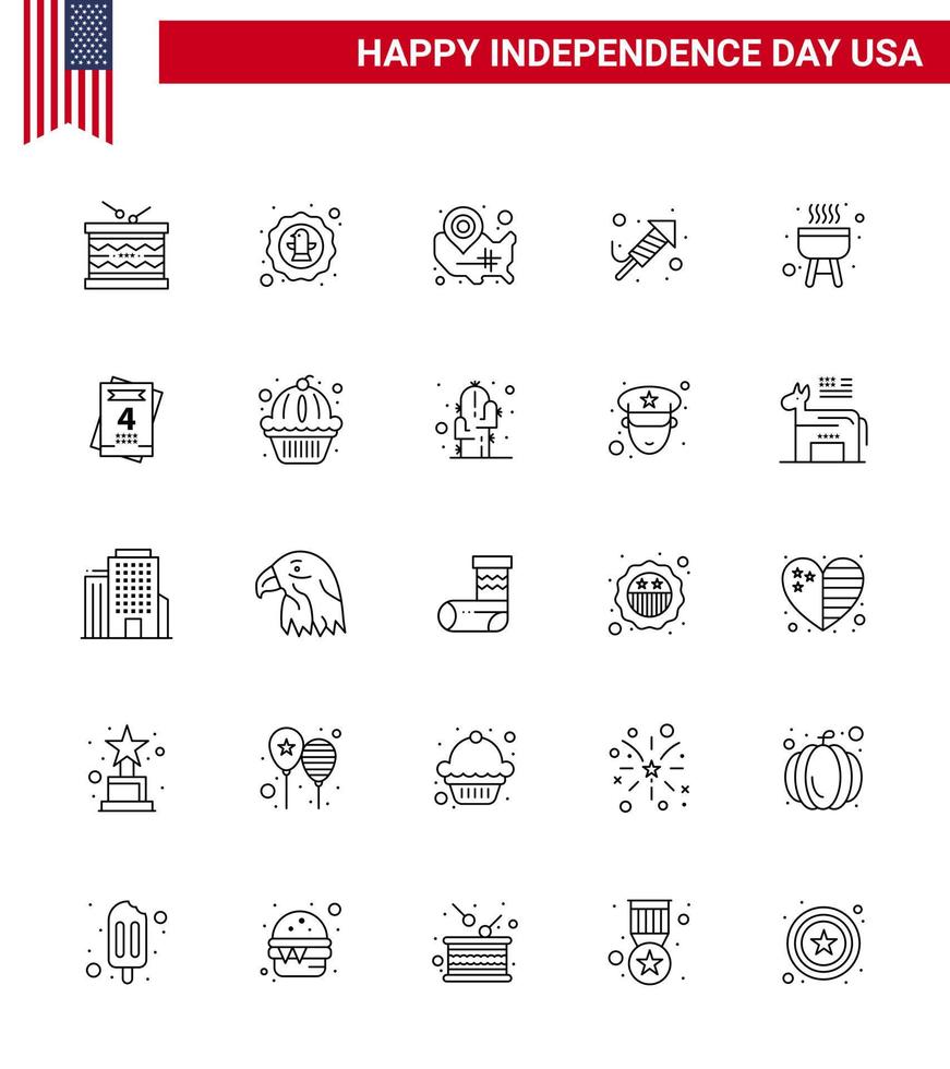 Line Pack of 25 USA Independence Day Symbols of festival fire work eagle location pin usa Editable USA Day Vector Design Elements