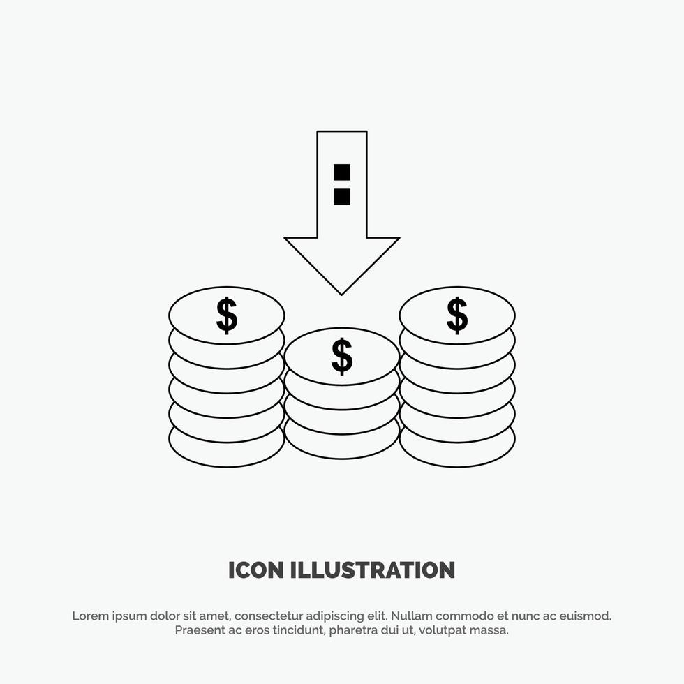 monedas efectivo dinero abajo flecha línea icono vector