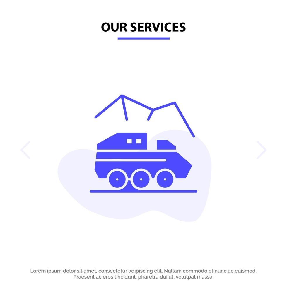 Our Services Exploration Planet Rover Surface Transport Solid Glyph Icon Web card Template vector