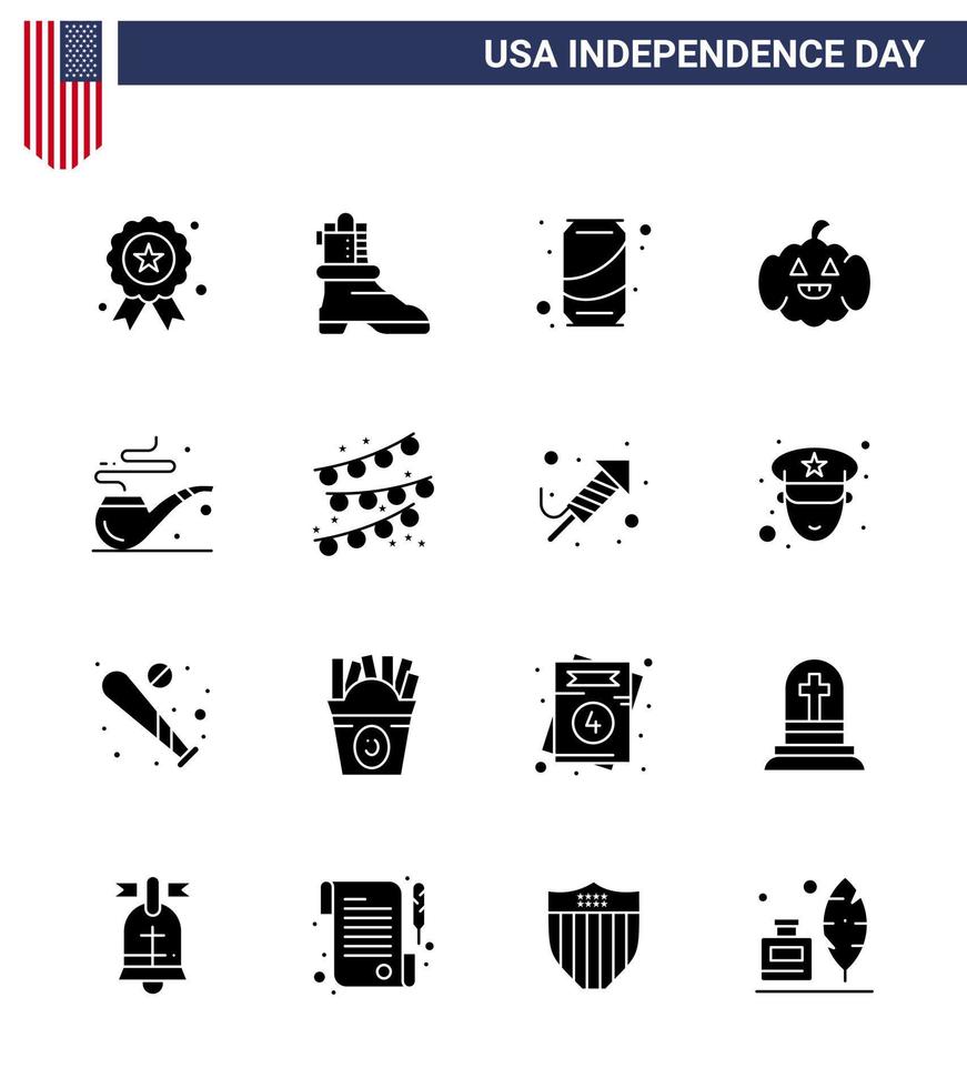 Happy Independence Day Pack of 16 Solid Glyphs Signs and Symbols for buntings smoke can pipe american Editable USA Day Vector Design Elements