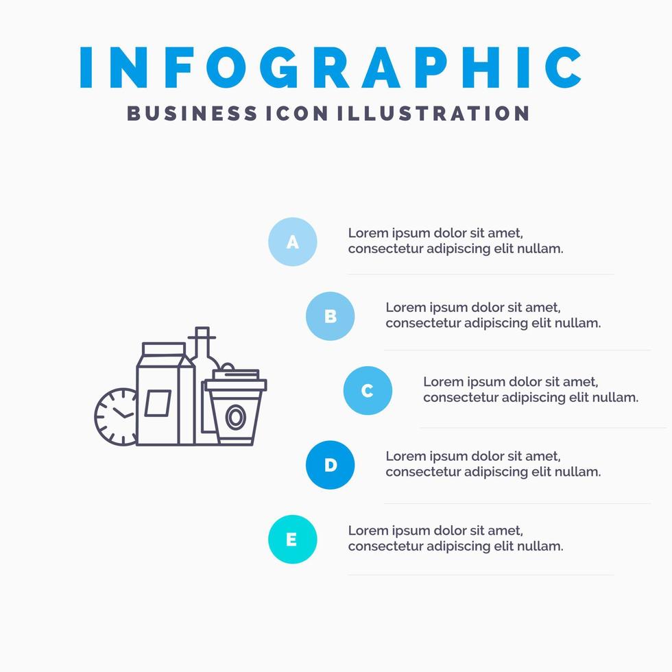 artículos de comida artículos de leche icono de línea de café con fondo de infografía de presentación de 5 pasos vector