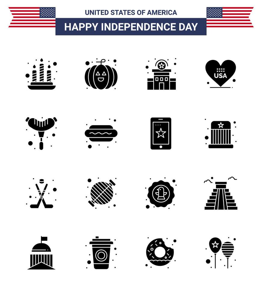 Pack of 16 USA Independence Day Celebration Solid Glyphs Signs and 4th July Symbols such as hot dog frankfurter station food american Editable USA Day Vector Design Elements
