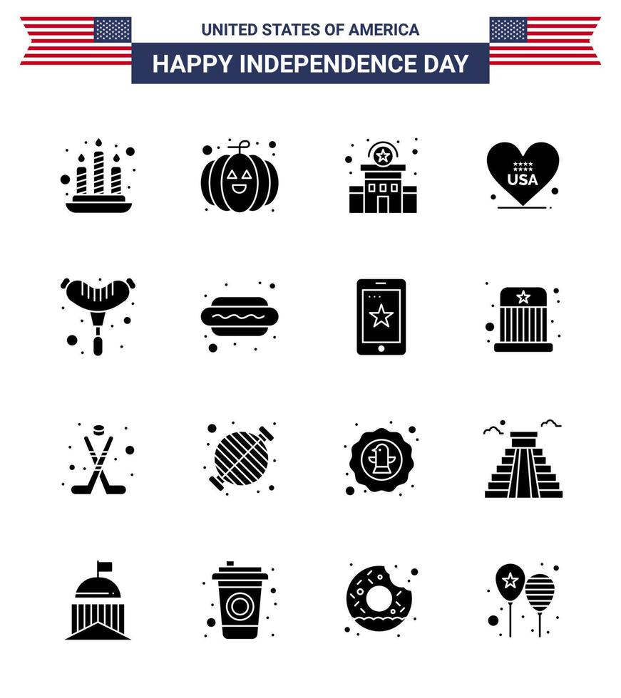 paquete de 16 celebración del día de la independencia de estados unidos signos de glifos sólidos y símbolos del 4 de julio, como hot dog frankfurter station food american editable usa day elementos de diseño vectorial vector