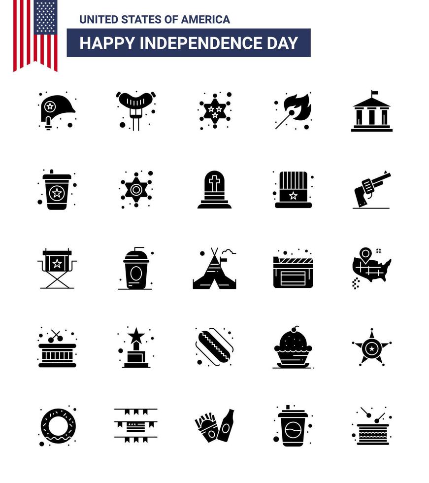 Modern Set of 25 Solid Glyph and symbols on USA Independence Day such as american bank military outdoor fire Editable USA Day Vector Design Elements