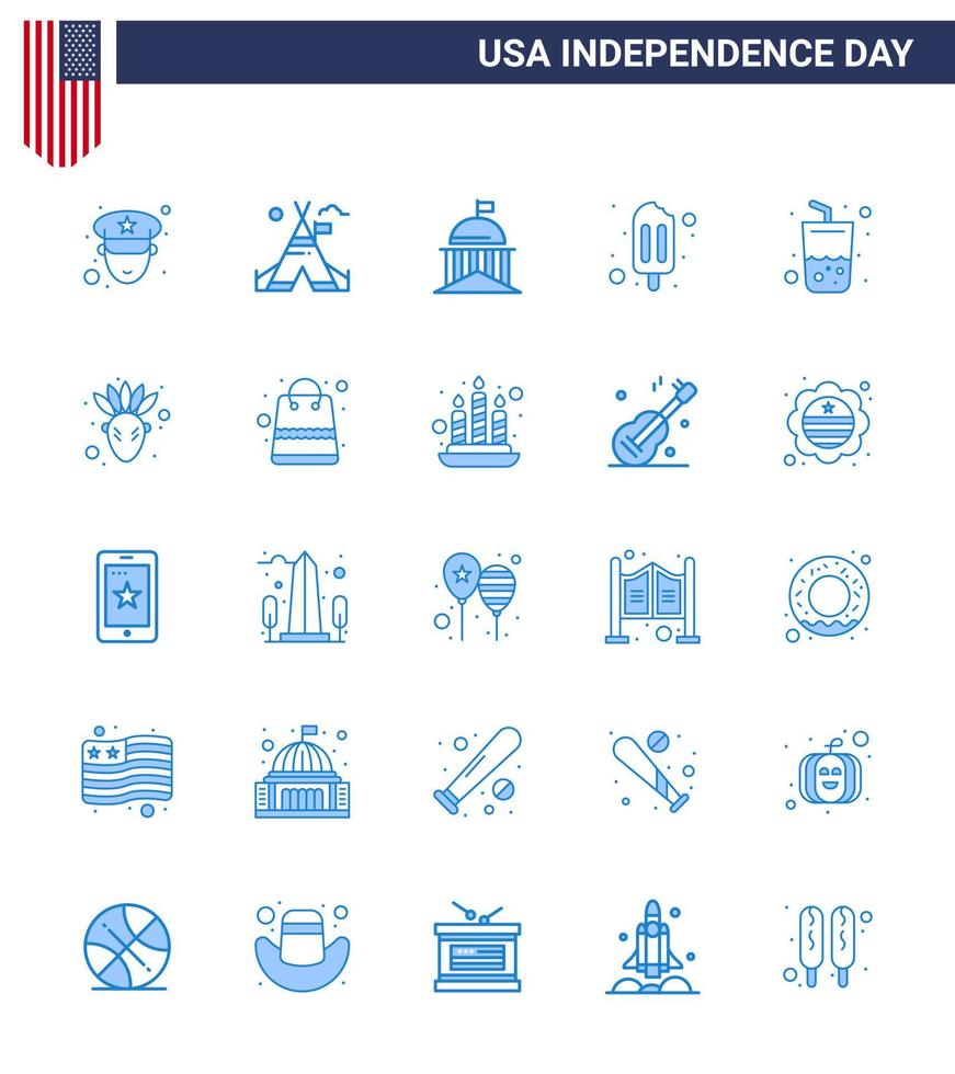 25 estados unidos paquete azul de signos y símbolos del día de la independencia de verano vidrio bandera crema helado editable día de estados unidos elementos de diseño vectorial vector