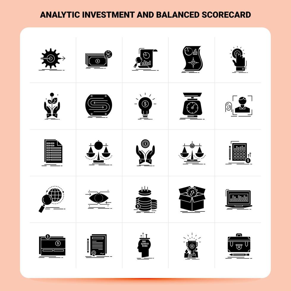 Solid 25 Analytic Investment And Balanced Scorecard Icon set Vector Glyph Style Design Black Icons Set Web and Mobile Business ideas design Vector Illustration