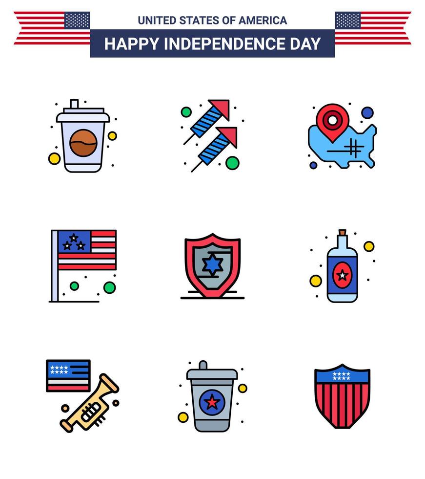 Set of 9 Modern Flat Filled Lines pack on USA Independence Day american flag map country location pin Editable USA Day Vector Design Elements