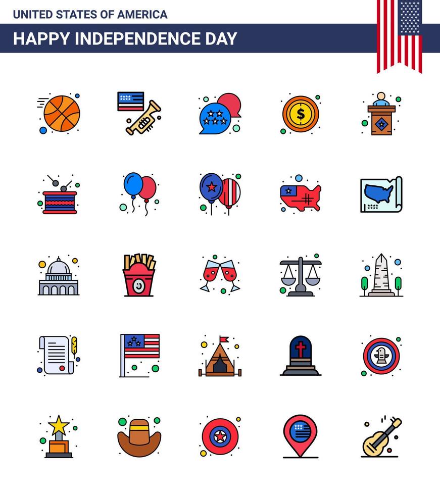 25 USA Flat Filled Line Pack of Independence Day Signs and Symbols of stage usa usa sign money Editable USA Day Vector Design Elements