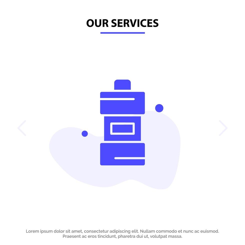 nuestros servicios limpiador de baño detergente de limpieza icono de glifo sólido plantilla de tarjeta web vector