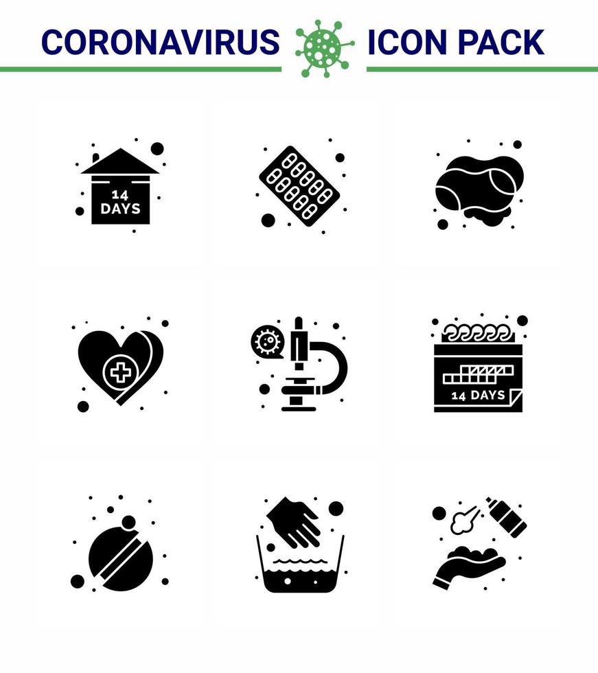 conjunto de iconos covid19 para infografía 9 paquete negro de glifo sólido, como la limpieza de cuidados de laboratorio, elementos de diseño de vectores de enfermedades del coronavirus viral del corazón médico 2019nov