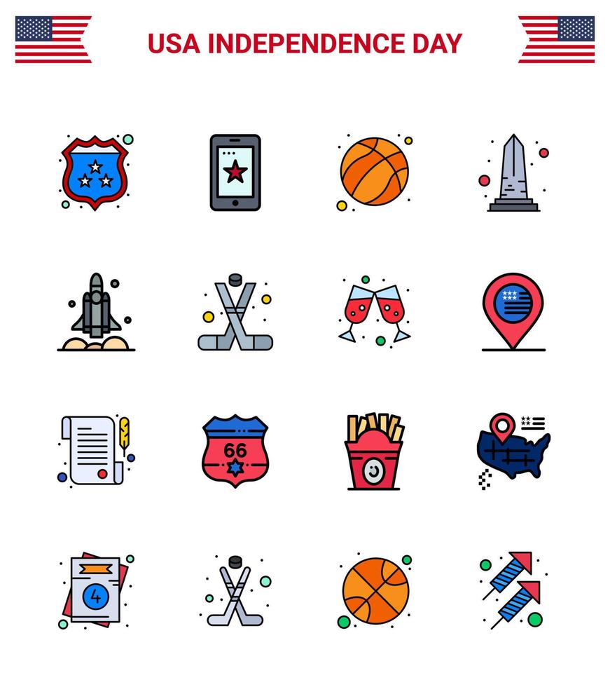 feliz día de la independencia paquete de 16 líneas planas llenas de signos y símbolos para el lanzador usa american vista hito elementos de diseño vectorial editables del día de usa vector