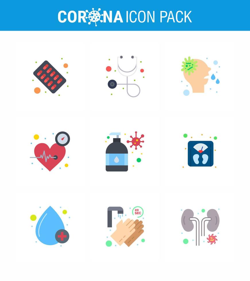 9 Flat Color Set of corona virus epidemic icons such as manicure care nose time heart viral coronavirus 2019nov disease Vector Design Elements