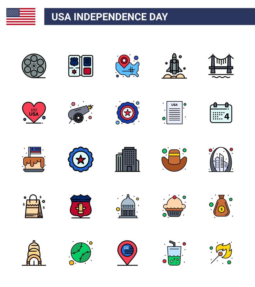 USA Independence Day Flat Filled Line Set of 25 USA Pictograms of usa spaceship map rocket location pin Editable USA Day Vector Design Elements