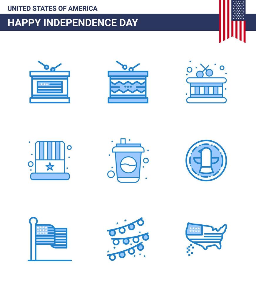 9 USA Blue Pack of Independence Day Signs and Symbols of cola usa st hat american Editable USA Day Vector Design Elements