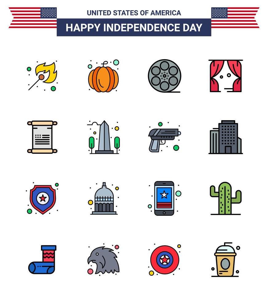 Set of 16 Modern Flat Filled Lines pack on USA Independence Day american scroll play usa leisure Editable USA Day Vector Design Elements