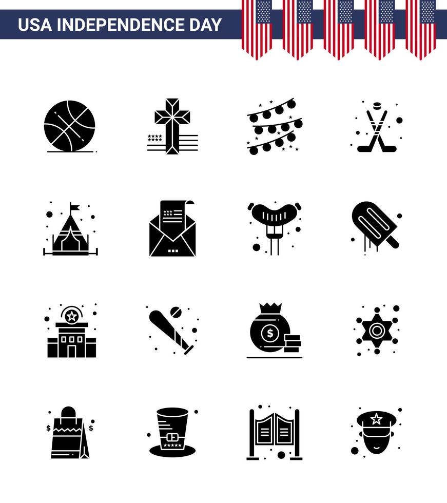 Set of 16 Modern Solid Glyphs pack on USA Independence Day email camping party decoration camp ice Editable USA Day Vector Design Elements