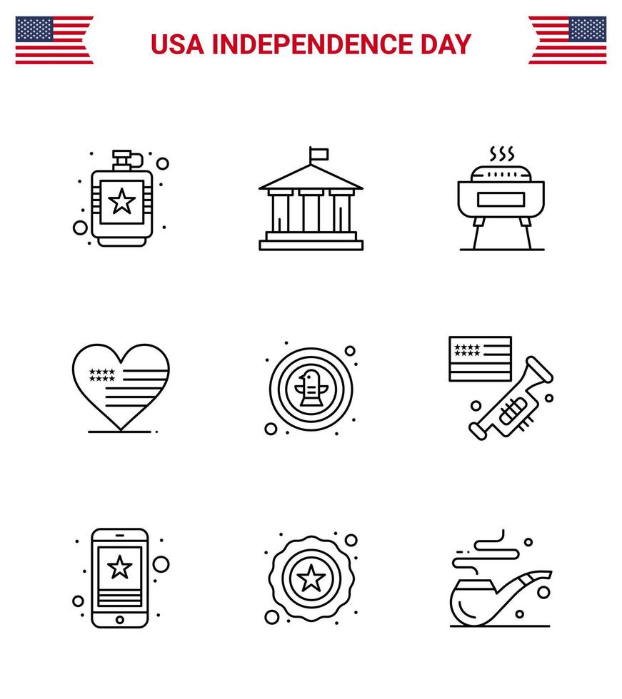 Happy Independence Day 4th July Set of 9 Lines American Pictograph of american american usa love holiday Editable USA Day Vector Design Elements