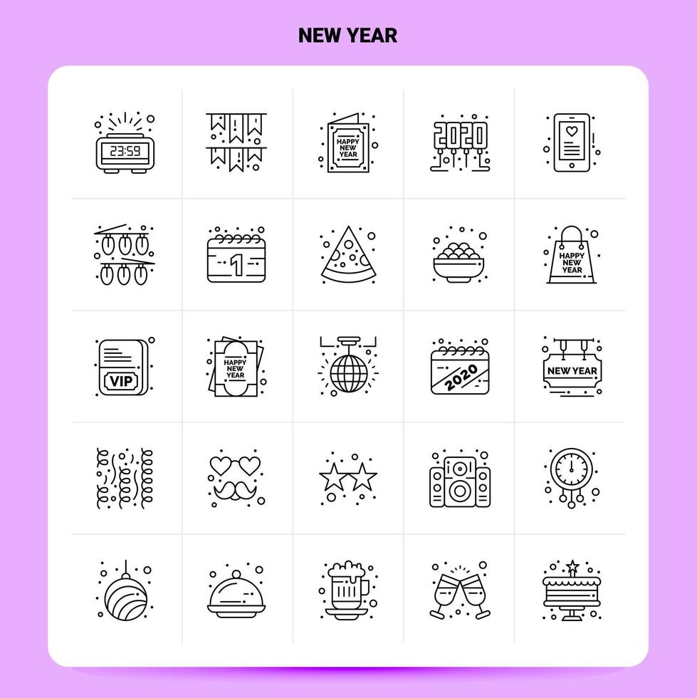 OutLine 25 New Year Icon set Vector Line Style Design Black Icons Set Linear pictogram pack Web and Mobile Business ideas design Vector Illustration