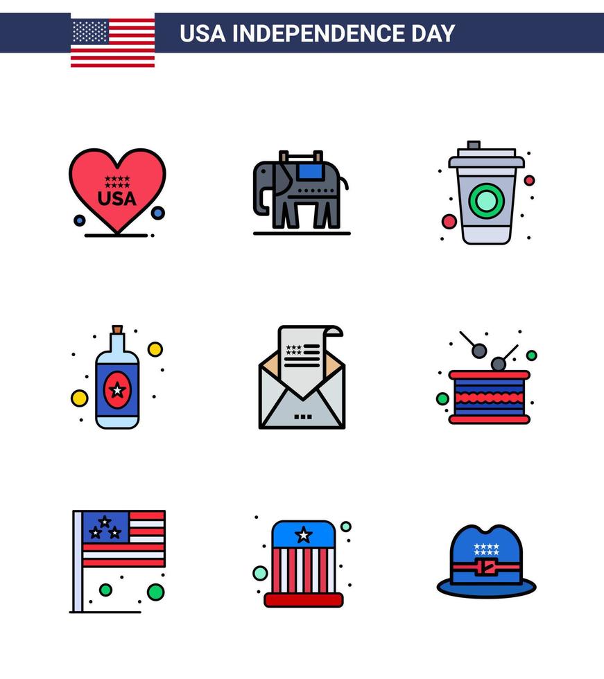 4th July USA Happy Independence Day Icon Symbols Group of 9 Modern Flat Filled Lines of mail greeting cola envelope wine Editable USA Day Vector Design Elements