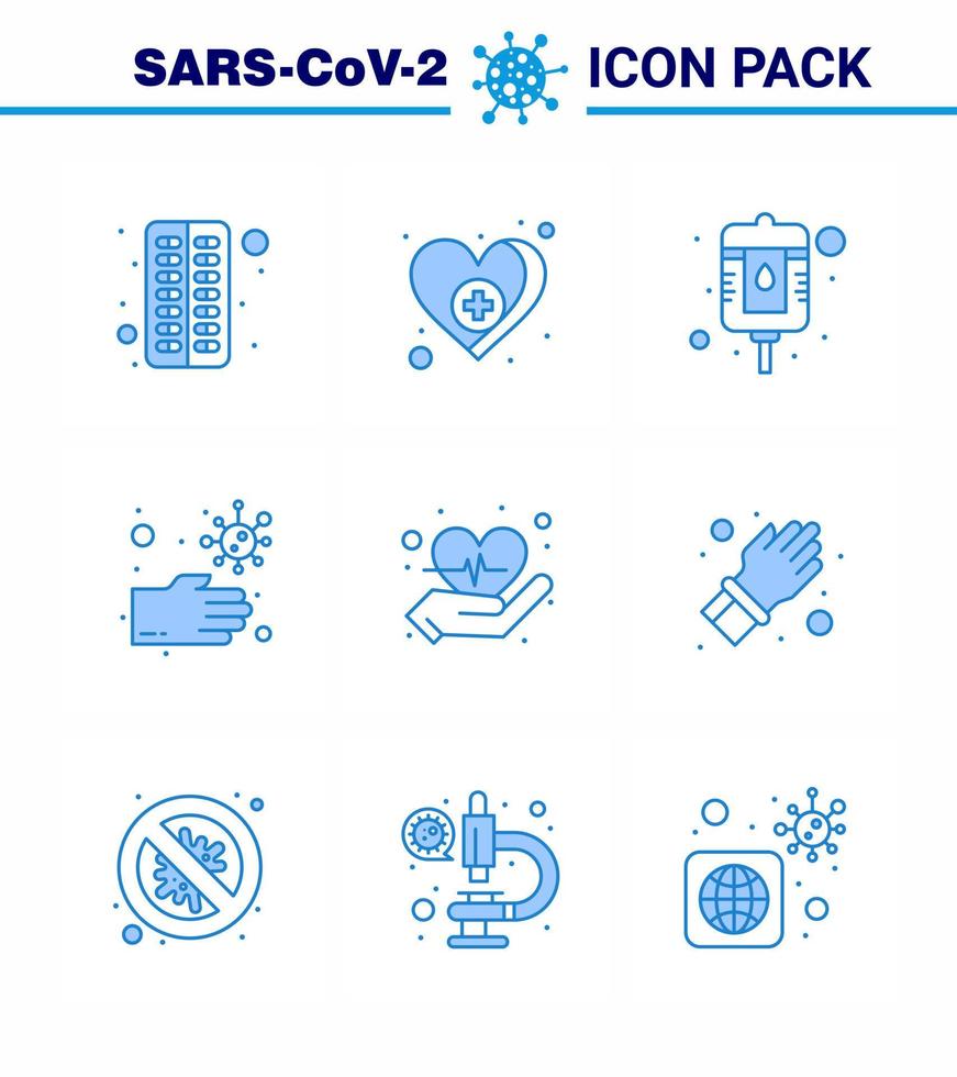 9 Blue Coronavirus Covid19 Icon pack such as love care blood unhealthy dirty viral coronavirus 2019nov disease Vector Design Elements