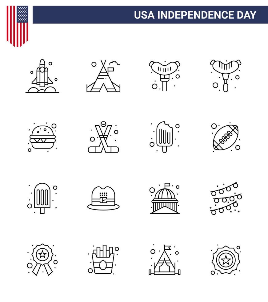 paquete de línea de 16 símbolos del día de la independencia de estados unidos de hockey deportivo hamburguesa de comida americana elementos de diseño vectorial editables del día de estados unidos vector