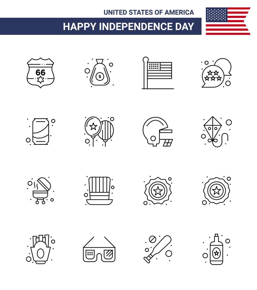 conjunto de 16 iconos del día de estados unidos símbolos americanos signos del día de la independencia para poder chatear bandera de burbuja bandera de estrella elementos de diseño de vector de día de estados unidos editables