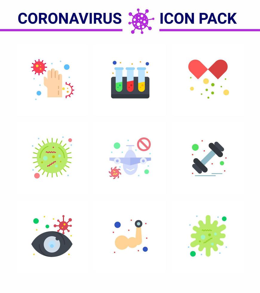 Covid19 Protection CoronaVirus Pendamic 9 Flat Color icon set such as plane epidemic drugs disease corona viral coronavirus 2019nov disease Vector Design Elements