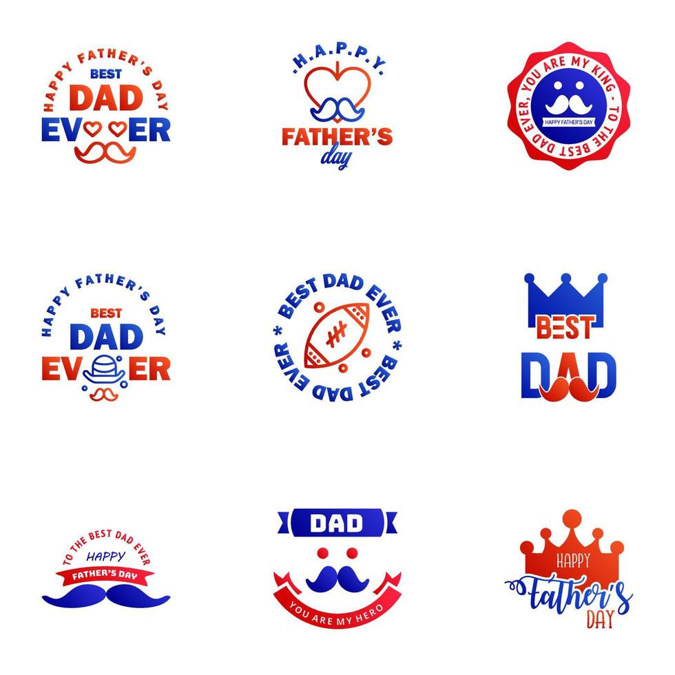 Happy fathers day greeting cards set 9 Blue and red Vector typography lettering Usable for banners print You are the best dad text design Editable Vector Design Elements