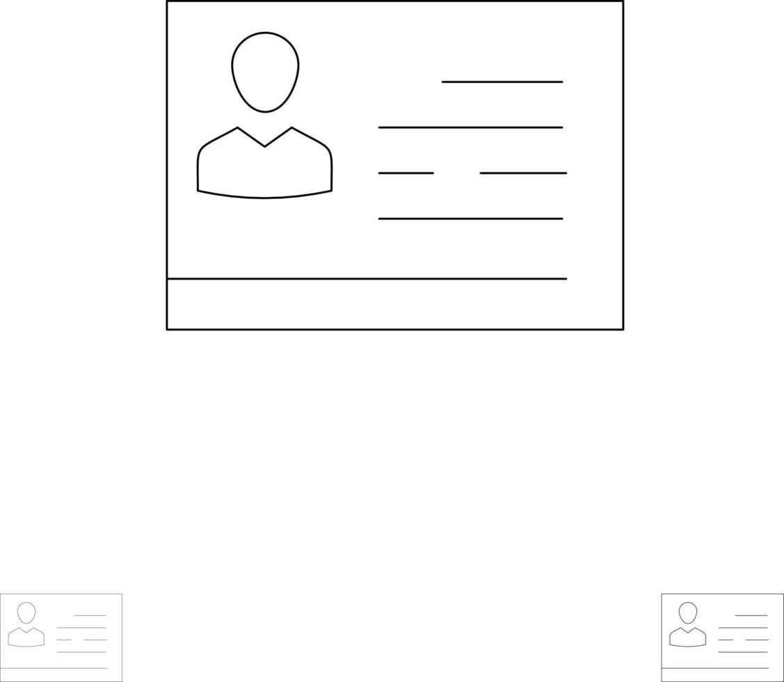 licencia para trabajar tarjeta de licencia identificación de tarjeta de identidad negrita y conjunto de iconos de línea negra delgada vector