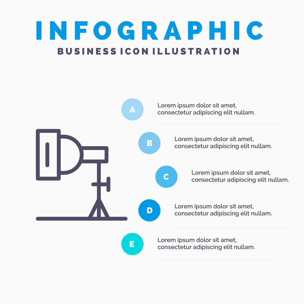 icono de línea de estudio de fotografía de fotografía ligera con fondo de infografía de presentación de 5 pasos vector