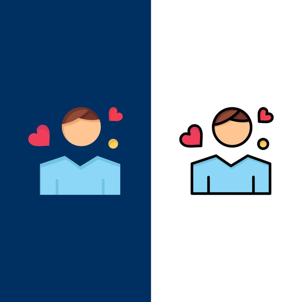 hombre niño avatar persona corazón iconos plano y línea llena icono conjunto vector fondo azul