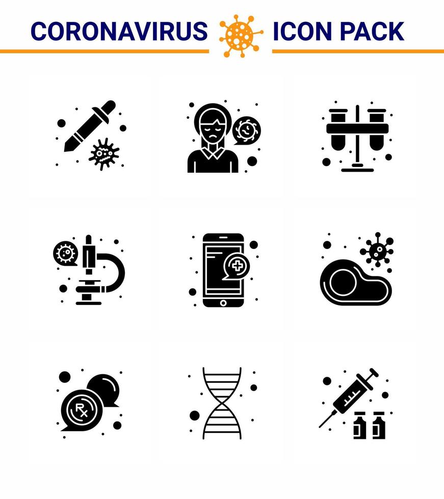 icono de conciencia de coronavirus 9 iconos negros de glifo sólido icono incluido laboratorio de virus infección de virus práctica de coronavirus coronavirus viral 2019nov elementos de diseño de vectores de enfermedad