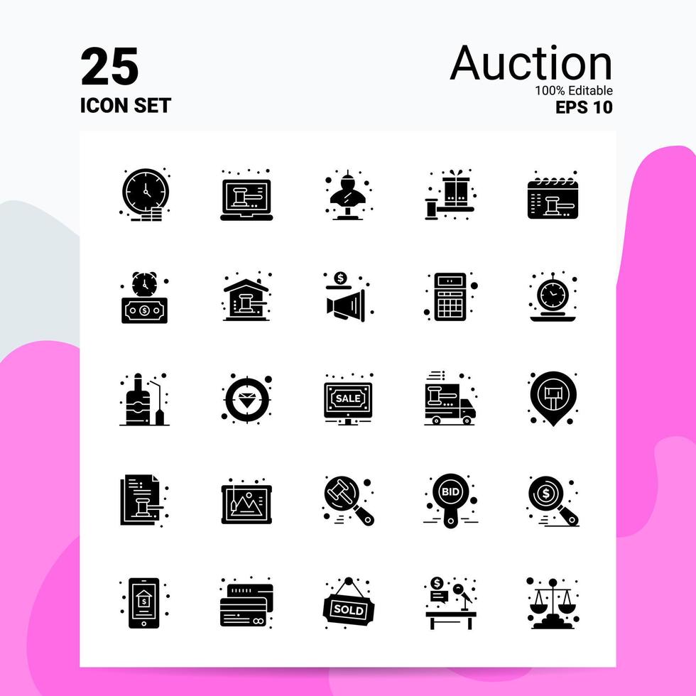 25 Auction Icon Set 100 Editable EPS 10 Files Business Logo Concept Ideas Solid Glyph icon design vector